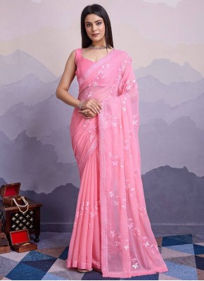 Sensational Pink Embroidered Trendy Saree