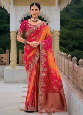 Sensible Orange and Rani Sequins Trendy Saree