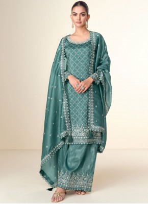 Sequins Chinon Designer Salwar Kameez in Teal