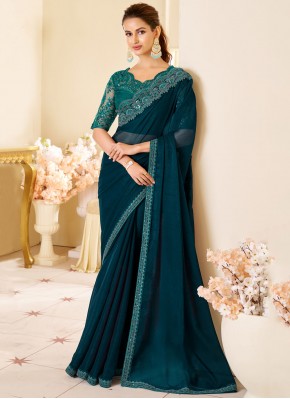 Shimmer Georgette Embroidered Blue and Teal Classic Saree