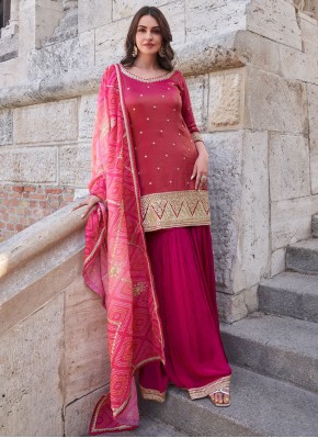 Shimmer Thread Readymade Salwar Kameez in Rani