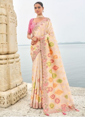 Sightly Embroidered Cream Silk Traditional Saree