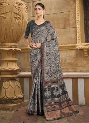 Silk Beige and Black Print Trendy Saree