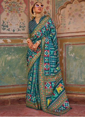 Silk Blue and Turquoise Printed Designer Saree