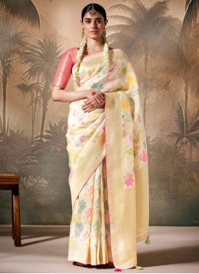 Silk Cream Woven Trendy Saree