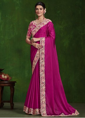 Silk Embroidered Classic Saree in Rani