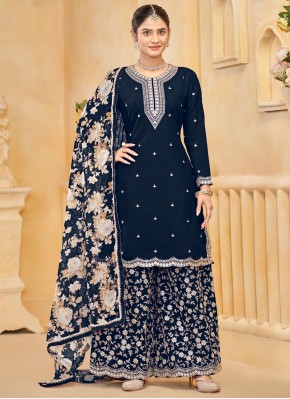 Silk Embroidered Designer Salwar Kameez in Navy Blue