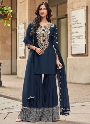 Silk Embroidered Navy Blue Trendy Salwar Kameez