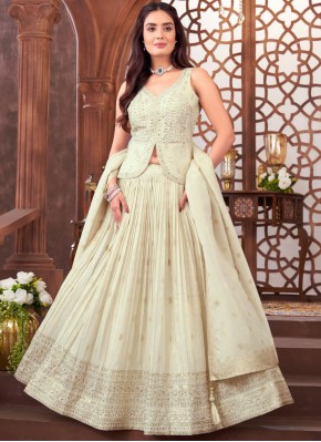 Silk Embroidered Readymade Lehenga Choli in Off White