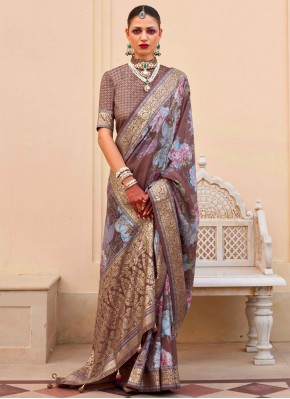 Silk Floral Print Brown Classic Saree