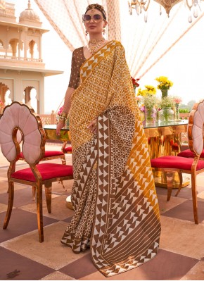 Silk Geometric Print Designer Saree in Mustard