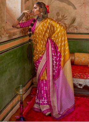 Silk Mustard and Rani Print Contemporary Saree