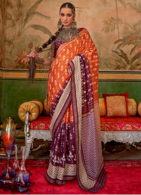 Silk Orange and Wine Print Traditional Saree