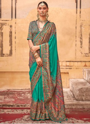 Silk Paisley Print Contemporary Saree in Rama