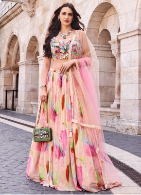 Silk Peach Floral Print Lehenga Choli