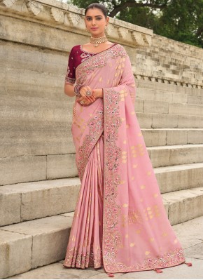 Silk Pink Embroidered Traditional Saree