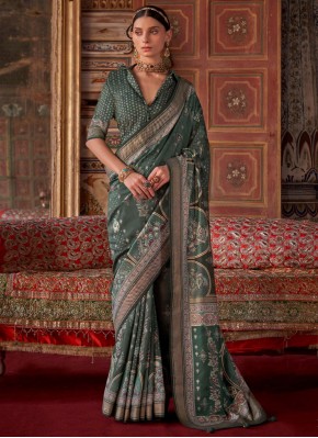 Silk Printed Trendy Saree in Green and Grey