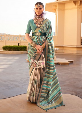 Silk Printed Turquoise Trendy Saree