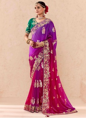 Silk Purple and Rani Embroidered Classic Saree