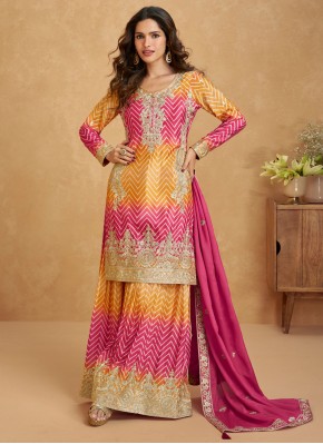 Silk Rani and Yellow Embroidered Trendy Salwar Kameez