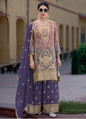 Silk Zari Readymade Salwar Kameez in Violet