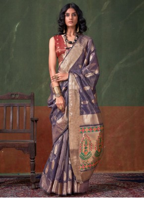 Silk Zari Violet Contemporary Saree