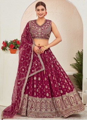 Simplistic Embroidered pure-dola Maroon and Rani Readymade Lehenga Choli