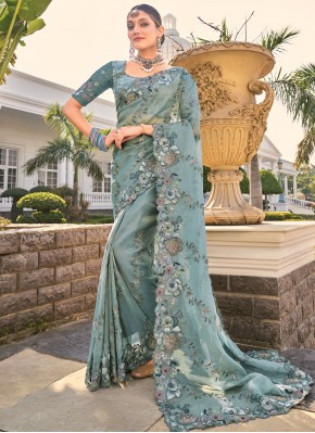 Snazzy Grey Sequins Organza Contemporary Saree