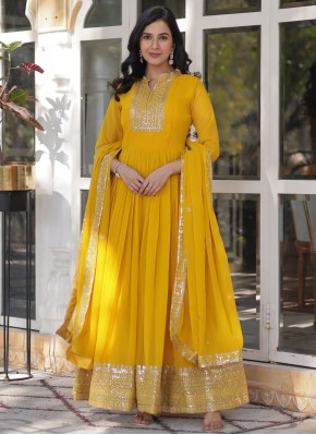 Snazzy Yellow Embroidered Faux Georgette Trendy Gown