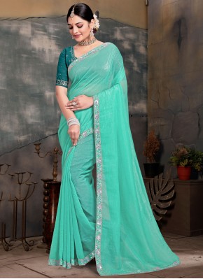 Sophisticated Turquoise Embroidered Silk Contemporary Saree