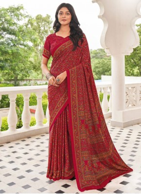 Sparkling Rani and Red Printed Pure Crepe Trendy Saree