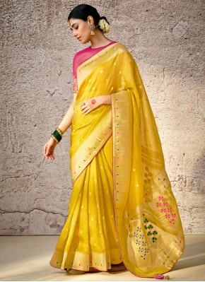 Sparkling Zari Yellow Banarasi Silk Contemporary Saree