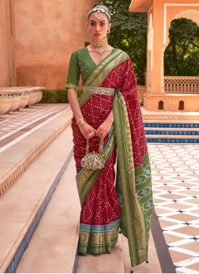 Specialised Patola Print Green and Maroon Trendy Saree