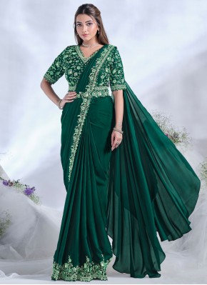 Spectacular Green Moti Satin Silk Contemporary Saree