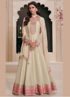 Spectacular Off White Zari Silk Designer Salwar Kameez