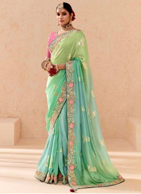 Spectacular Silk Green and Turquoise Traditional Saree