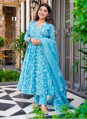 Staring Aqua Blue Digital Print Muslin Designer Salwar Kameez