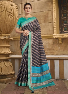 Stone Work Silk Contemporary Saree in Brown