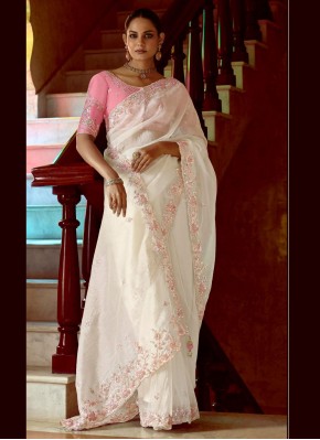 Striking Embroidered Fancy Fabric White Contemporary Saree