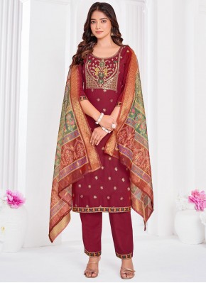 Striking Embroidered Rayon Maroon Readymade Salwar Kameez