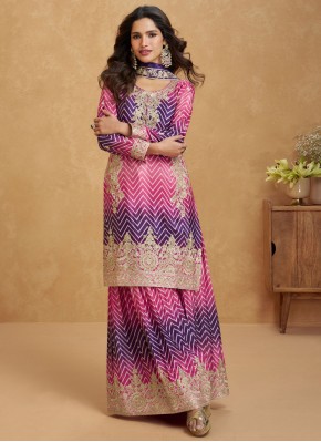 Stripe Print Chinon Readymade Salwar Kameez in Magenta and Purple