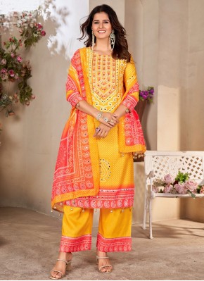 Stunning Muslin Print Yellow Trendy Salwar Kameez