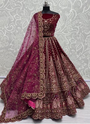 Stunning Velvet Thread Maroon and Rani Trendy Lehenga Choli