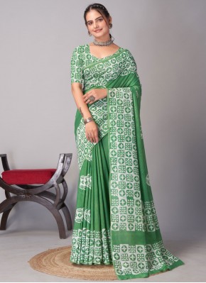 Stupendous Chanderi Cotton Printed Green Classic Saree