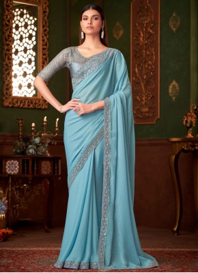 Stupendous Satin Aqua Blue Trendy Saree