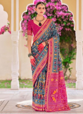 Stylish Grey Foil Print Silk Contemporary Saree