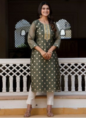 Stylish Silk Blend Green Zari Designer Kurti