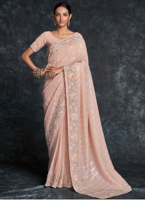 Suave Peach Embroidered Trendy Saree