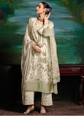 Subtle Off White Digital Print Muslin Designer Salwar Kameez