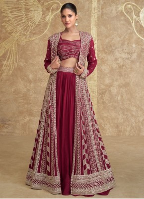 Sumptuous Chinon Maroon and Rani Plain Readymade Lehenga Choli